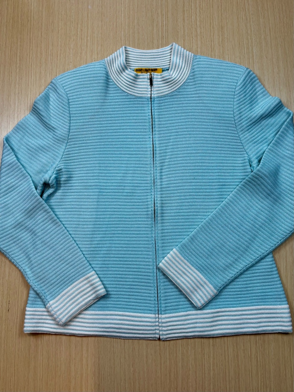 St. John Knit Corded Textured Zip Up Sweater Jacket Aqua Mint White Sz L